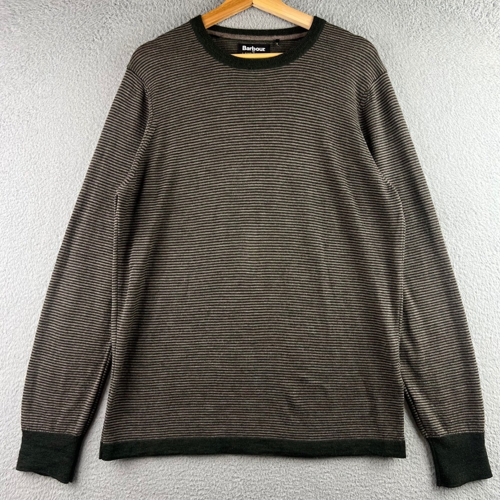 Barbour for Land Rover Mens XL Wool Striped Sweater Leather Elbow Patches